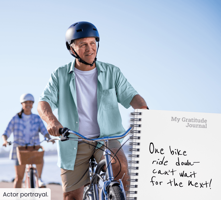 Couple riding bikes together; My Gratitude Journal with the following entry: One bike ride down—can’t wait for the next!