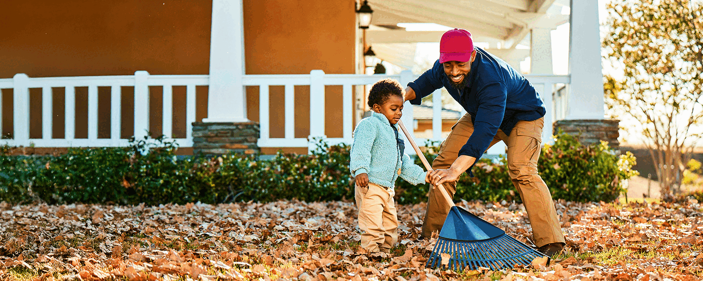 Man and young boy playing outside; My Gratitude Journal with the following entry: Being outside with my son feels great. We built a pile of leaves for him to jump in and it made his day! Looking forward to more time outside together.