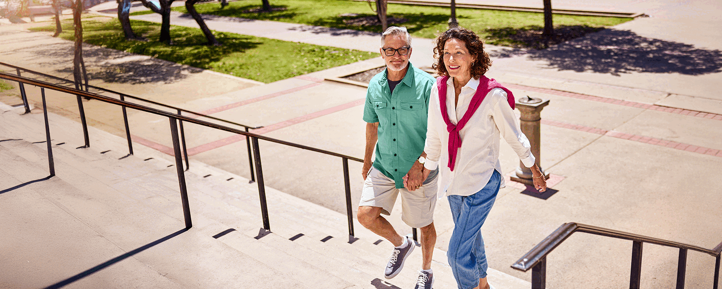 Couple walking up steps