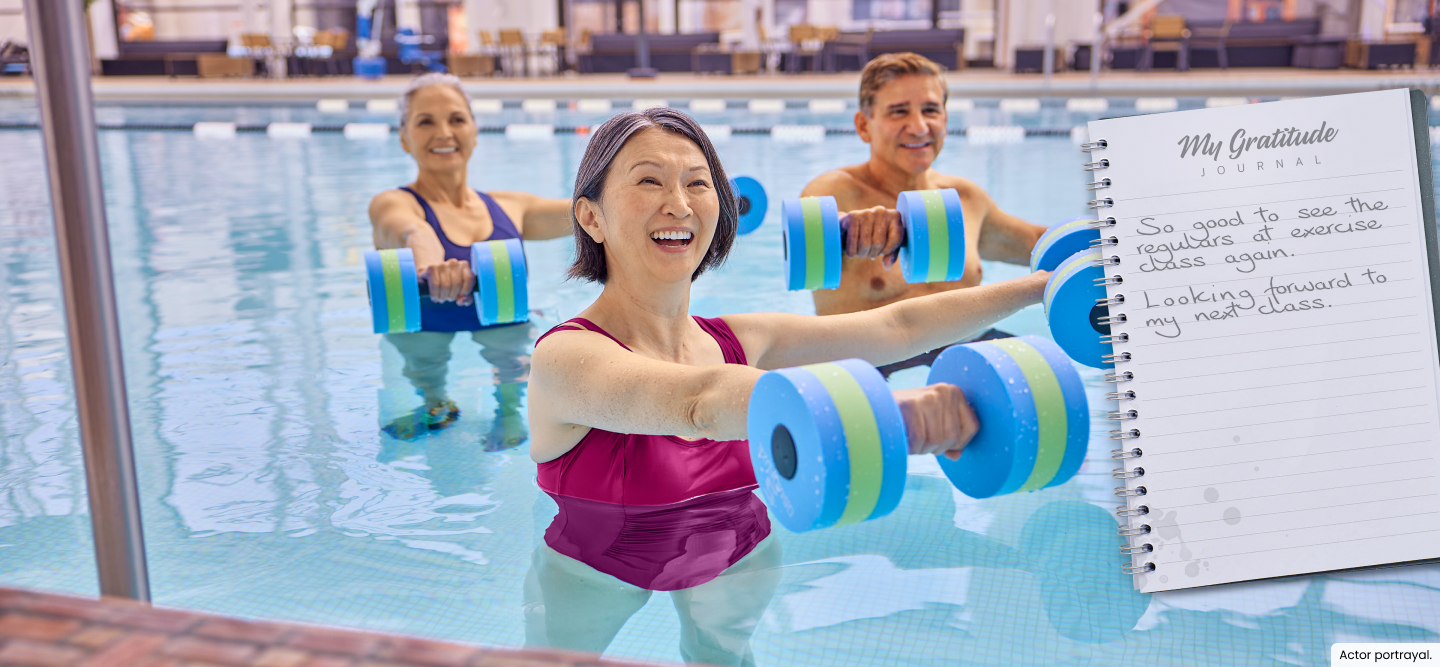 People doing water aerobics | My Gratitude Journal with the following entry: So good to see the regulars at exercise class again. Looking forward to my next class.